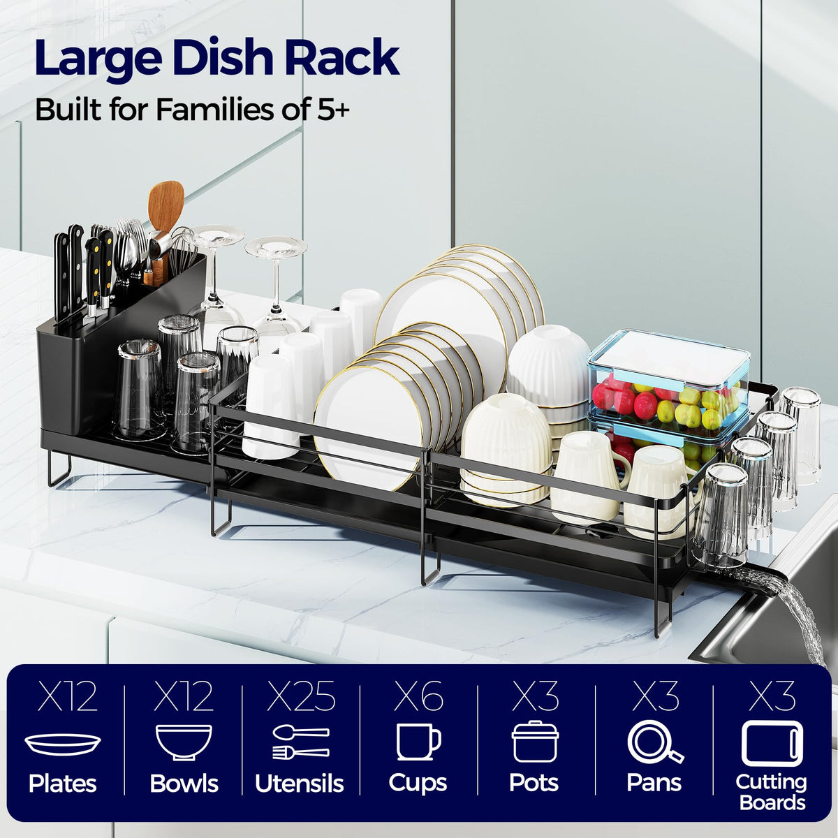 Pantasia rack fully extended to 28.7 inches with plates, bowls, and cups neatly arranged.
