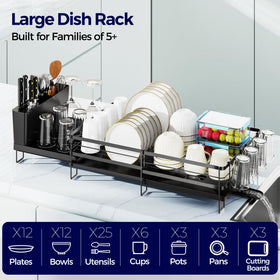 Pantasia rack fully extended to 28.7 inches with plates, bowls, and cups neatly arranged.