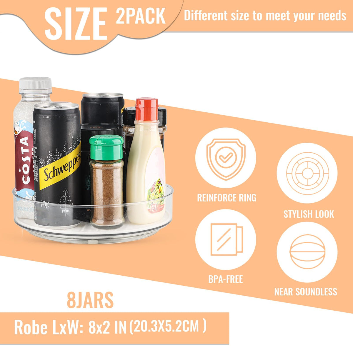 FILTA 2 Pack Lazy Susan Organizer – 8-Inch Turntable with Non-Slip Mat & Handles