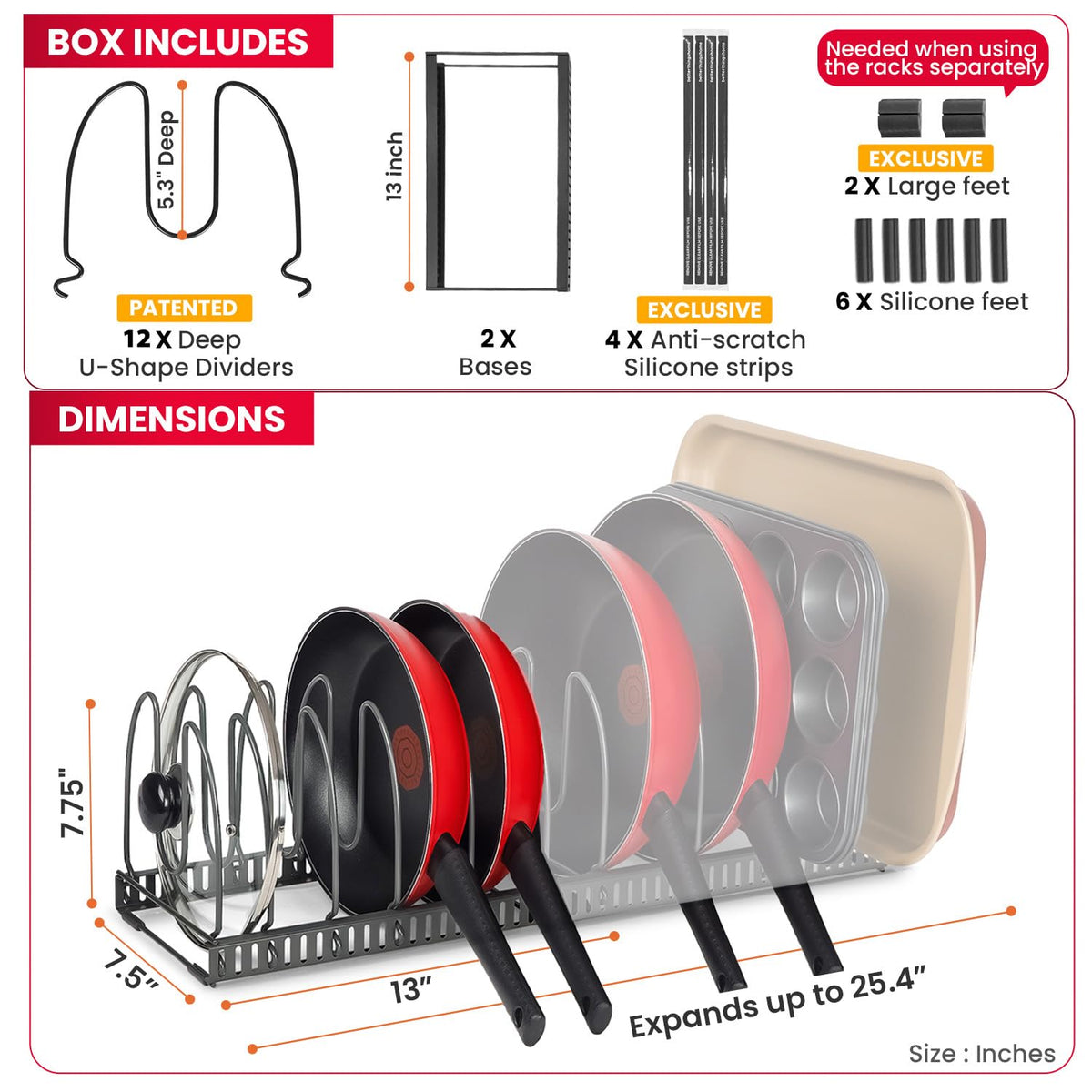 Better Things Home 7.5-inch Wide 12-Slot Adjustable Pan & Lid Organizer – Under-Cabinet Rack