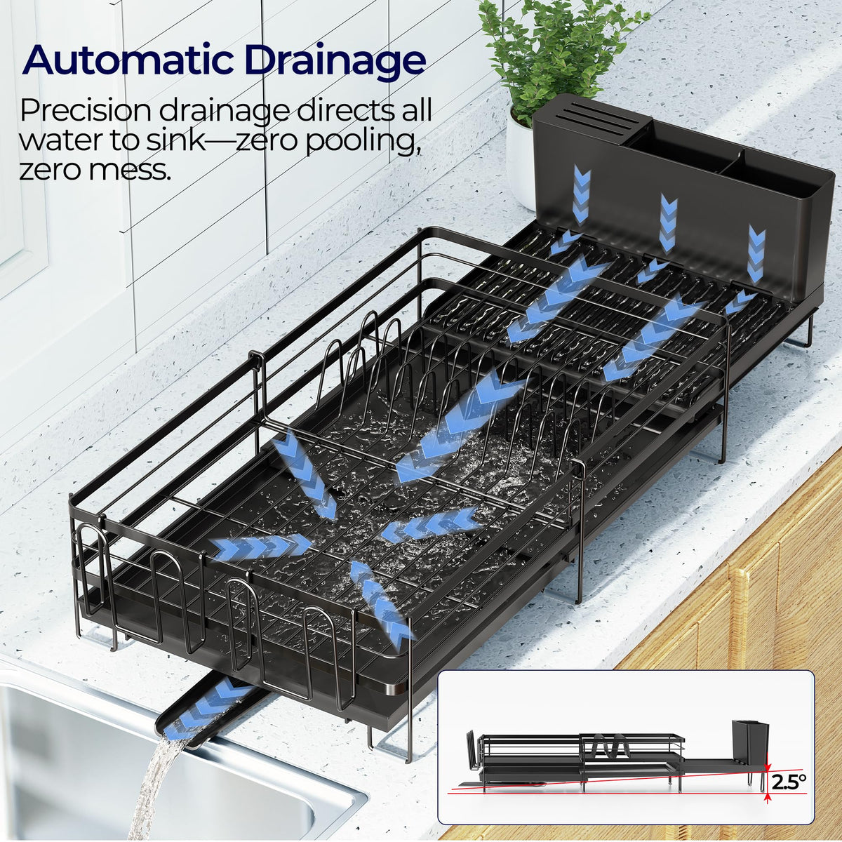 Pantasia dish rack with angled drainage tray directing water to the sink.