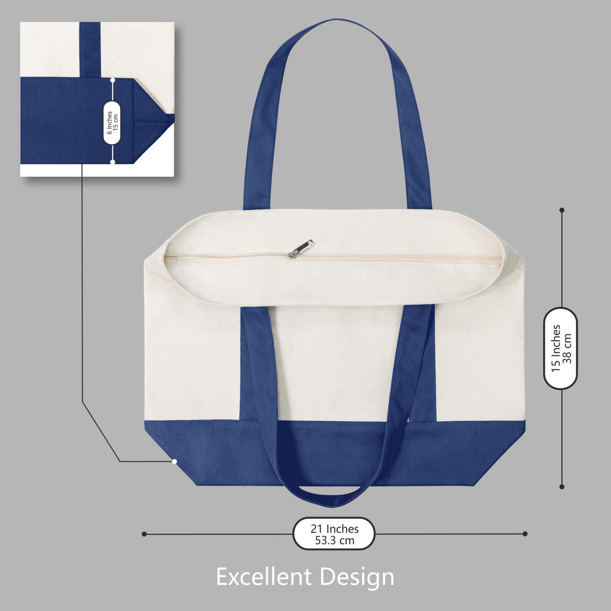 TOPDesign Canvas Tote Bags 3-Pack – Exterior Pocket, Zipper Closure (Blue/Natural)