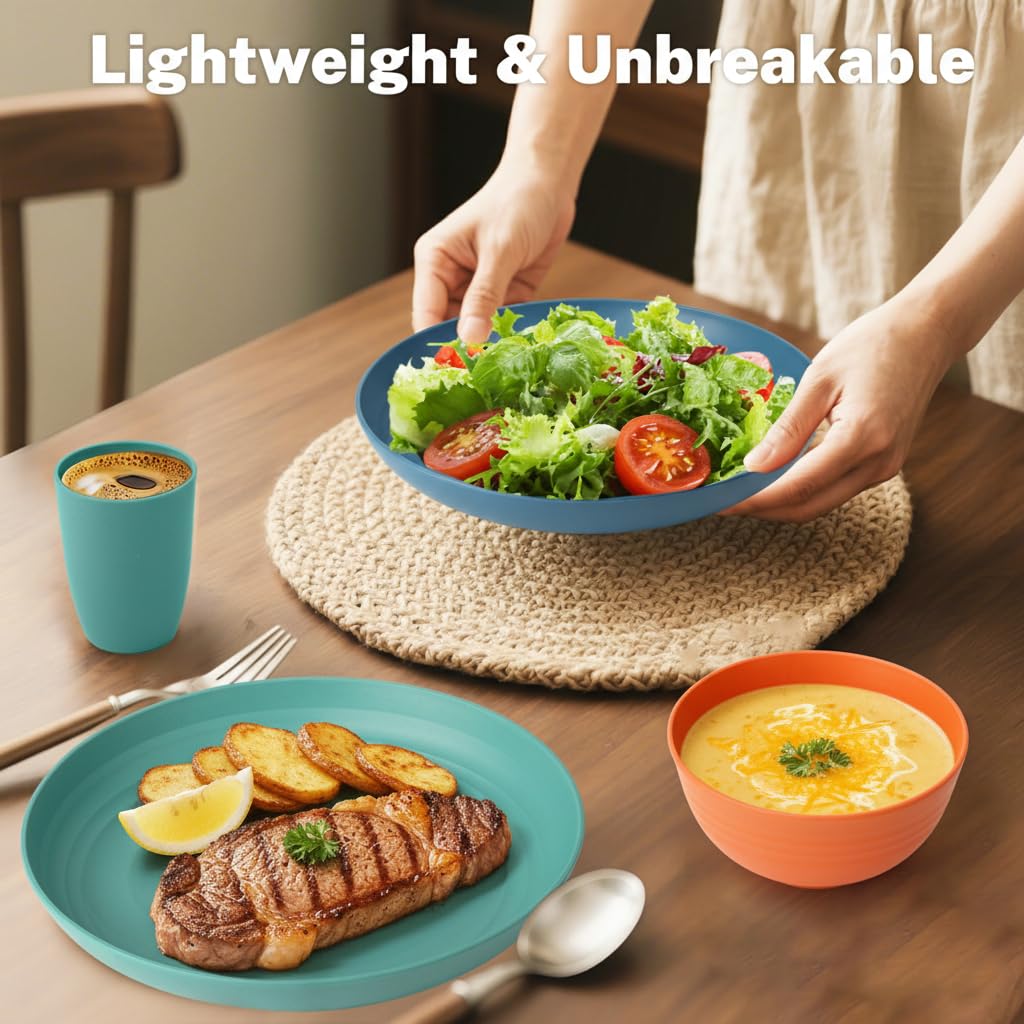 BUSOKIP Wheat Straw Dinnerware Set for 8 – 32-Piece Unbreakable Plates, Bowls & Cups, Microwave Safe