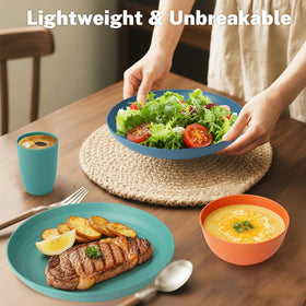BUSOKIP Wheat Straw Dinnerware Set for 8 – 32-Piece Unbreakable Plates, Bowls & Cups, Microwave Safe
