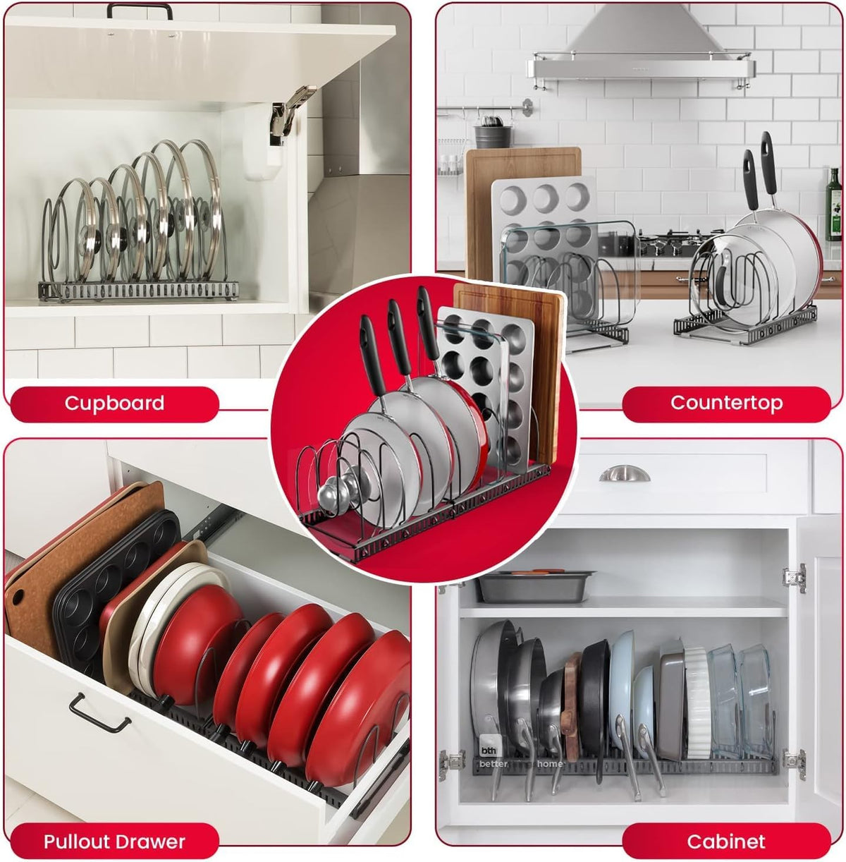 Better Things Home 7.5-inch Wide 12-Slot Adjustable Pan & Lid Organizer – Under-Cabinet Rack