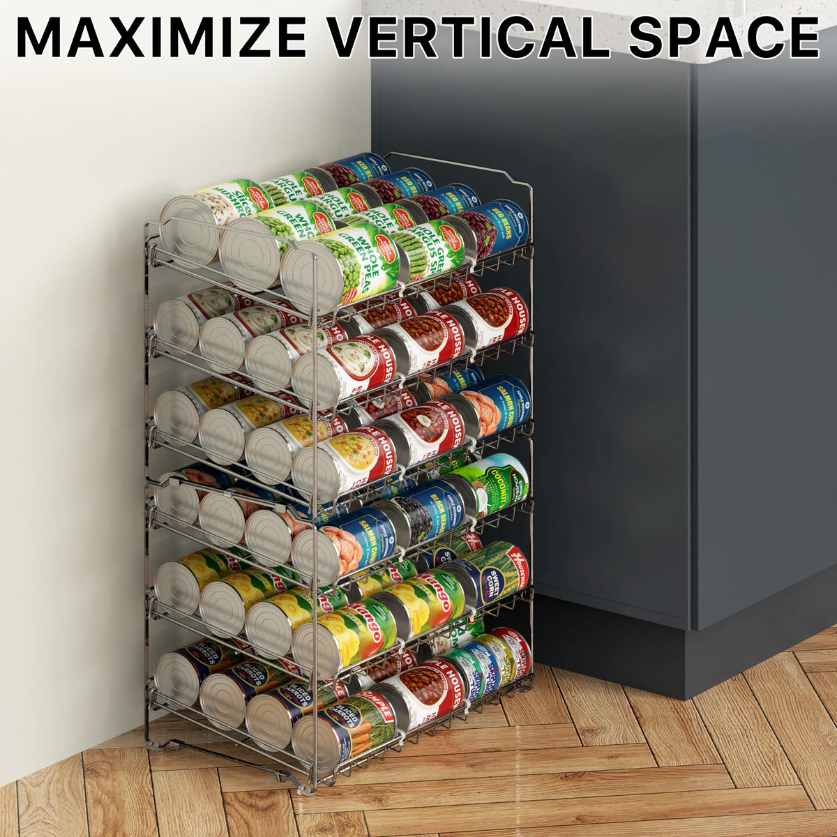Simple Houseware stackable can organizer rack tool-free assembly saves time during setup.