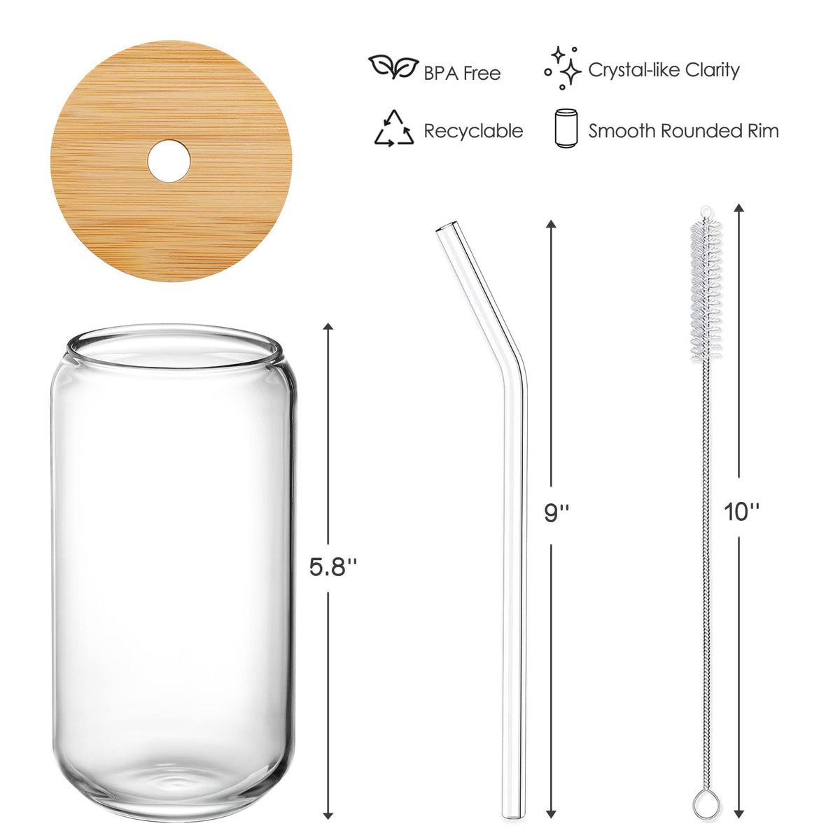 NETANY 8pc Glass Set with Bamboo Lids & Glass Straws – 16oz Drinking Cups, Gift-Ready