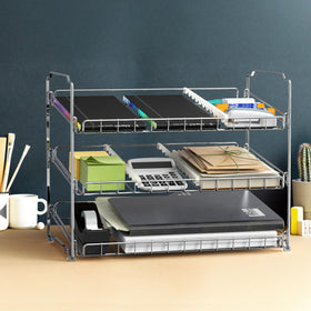 Simple Houseware stackable can organizer rack in pantry demonstrates spacious storage and organization.