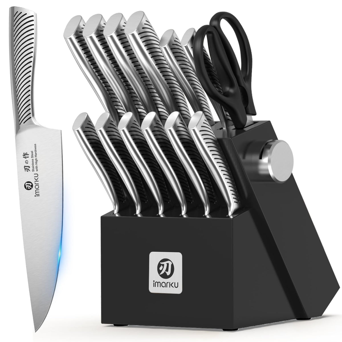 Imarku 14-piece knife block set with built-in sharpener ready for daily use.