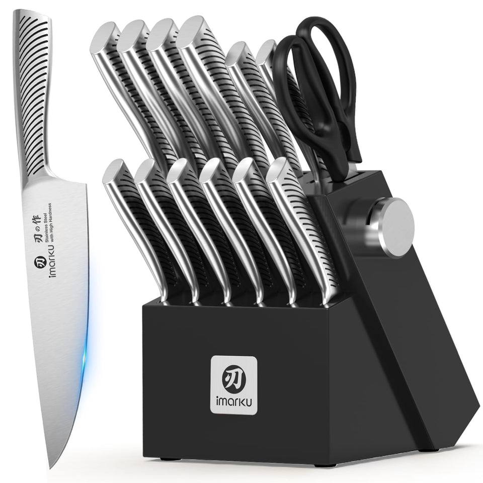 Imarku 14-piece knife block set with built-in sharpener ready for daily use.