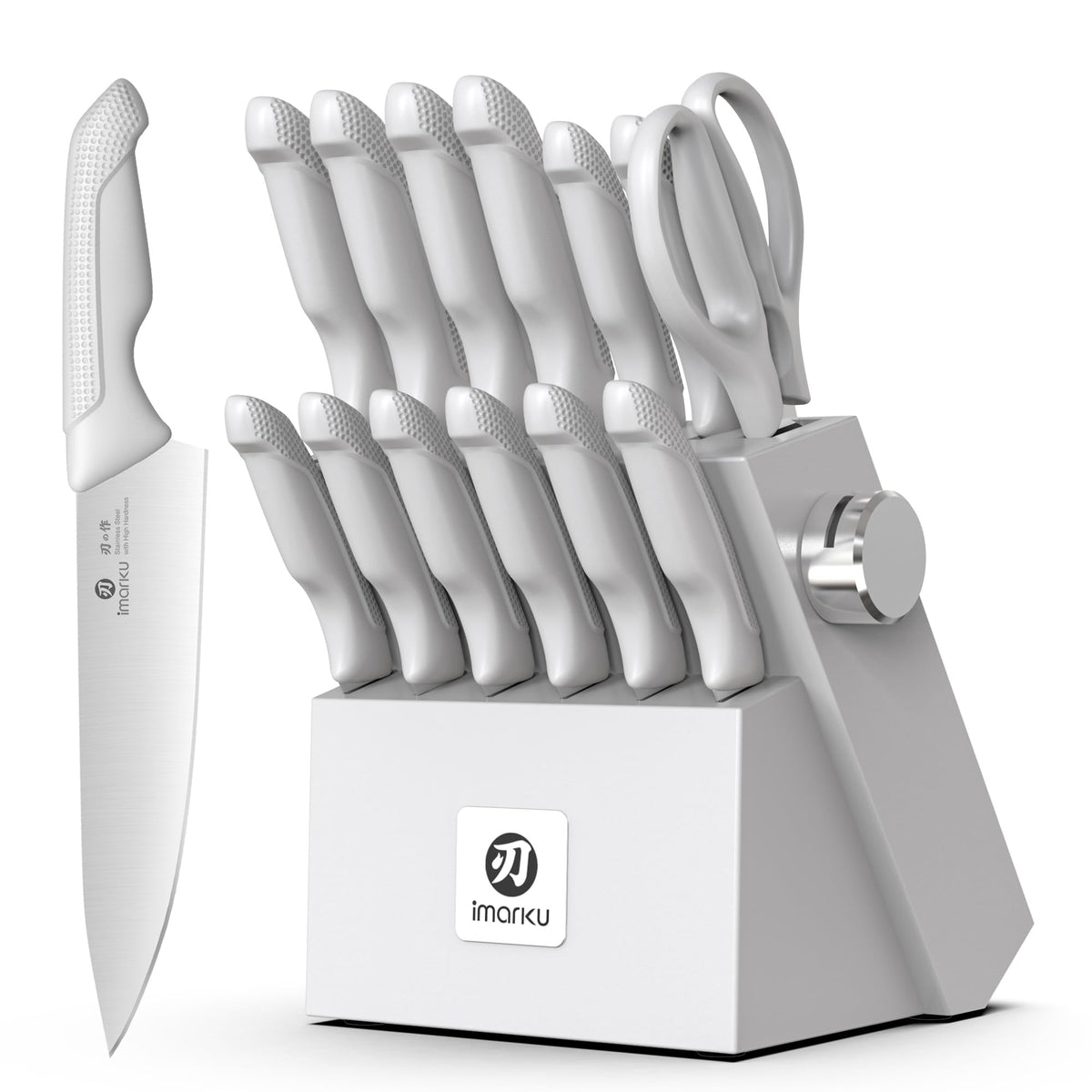 imarku 14-piece knife set displayed with block and built-in sharpener for easy maintenance