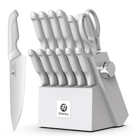imarku 14-piece knife set displayed with block and built-in sharpener for easy maintenance