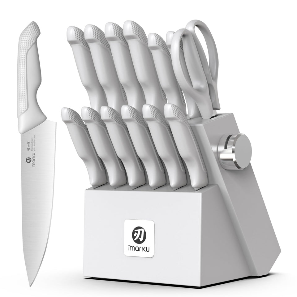 imarku 14-piece knife set displayed with block and built-in sharpener for easy maintenance