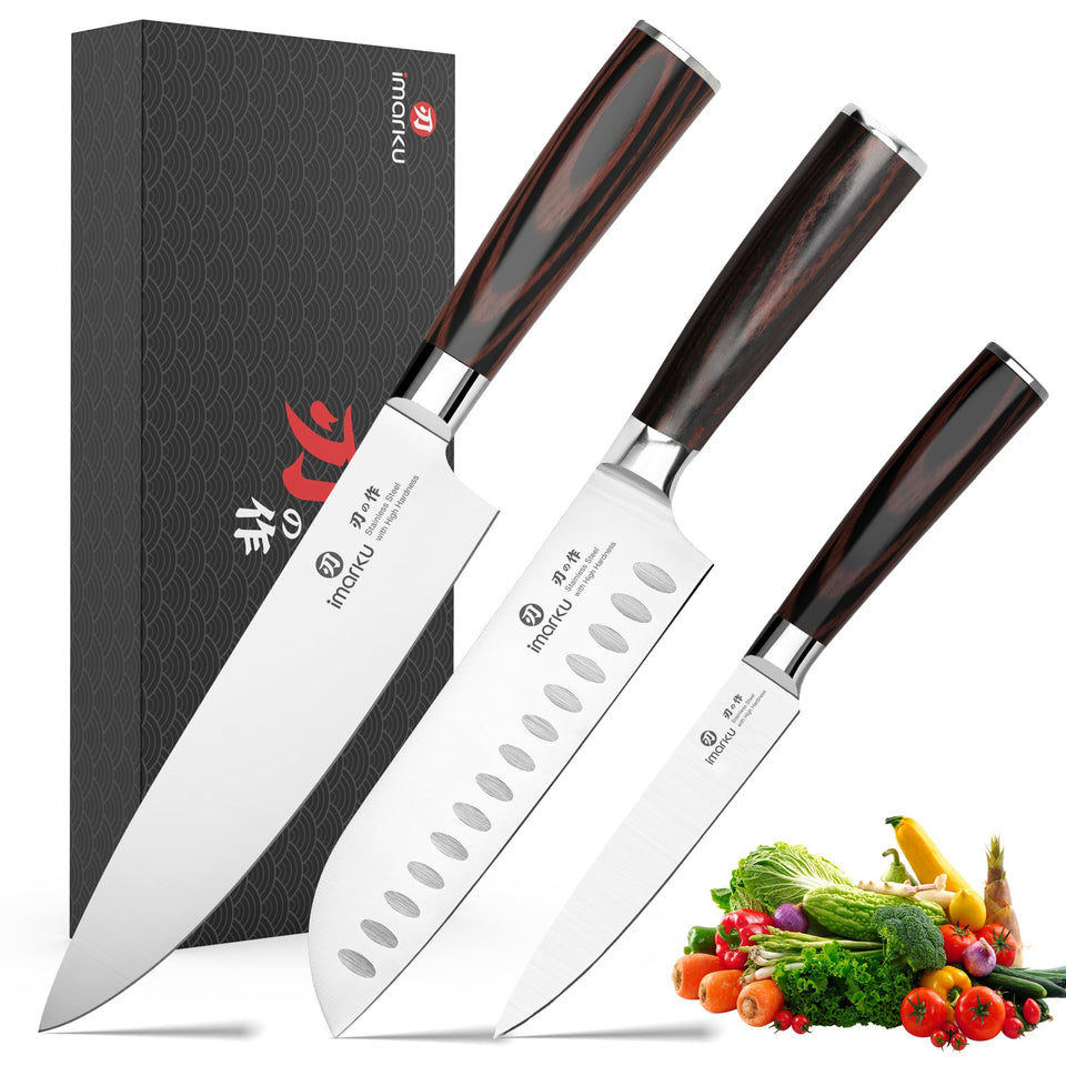 Imarku 3-piece knife set with razor-sharp edges for precise slicing.