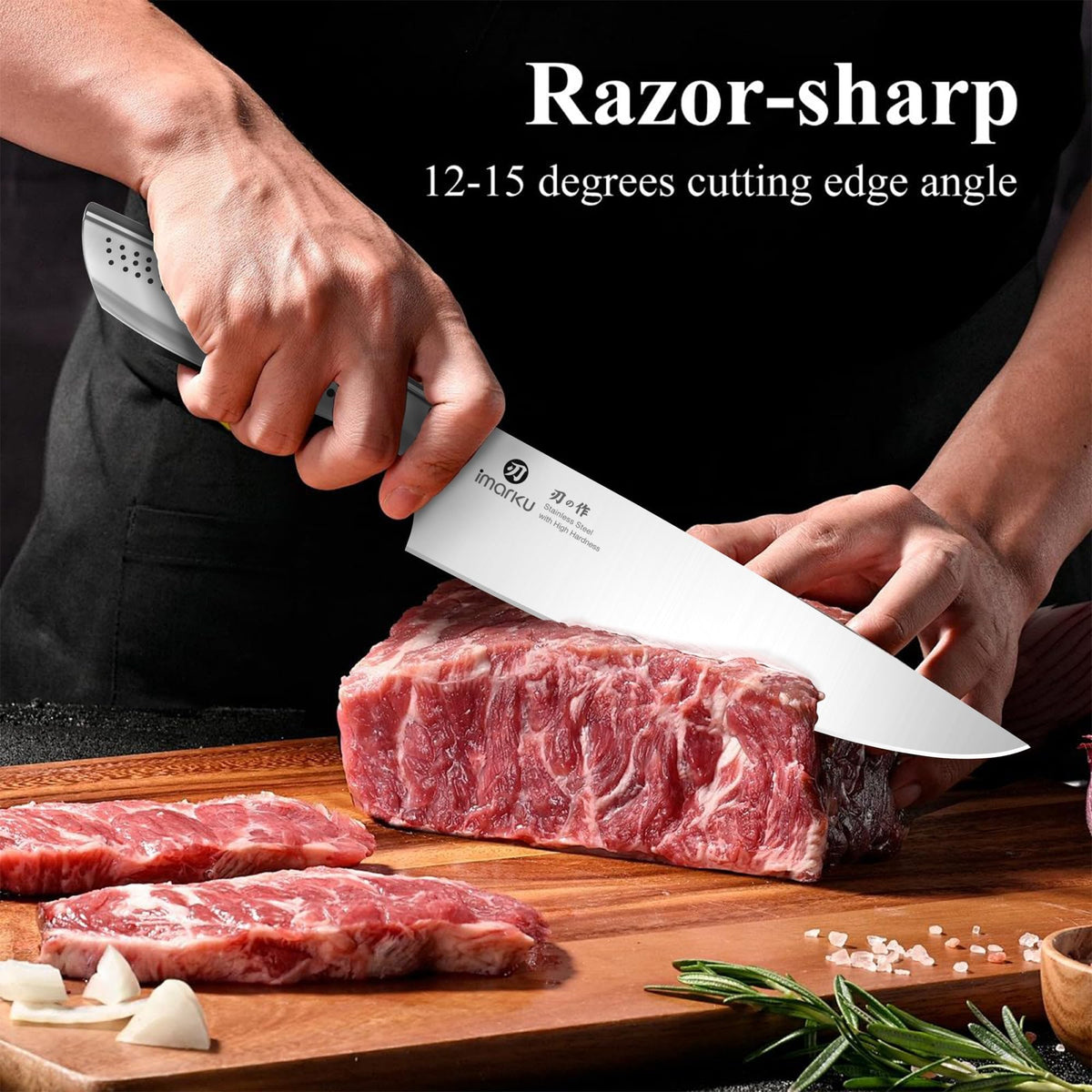 imarku 7-inch santoku close-up highlighting versatile edge