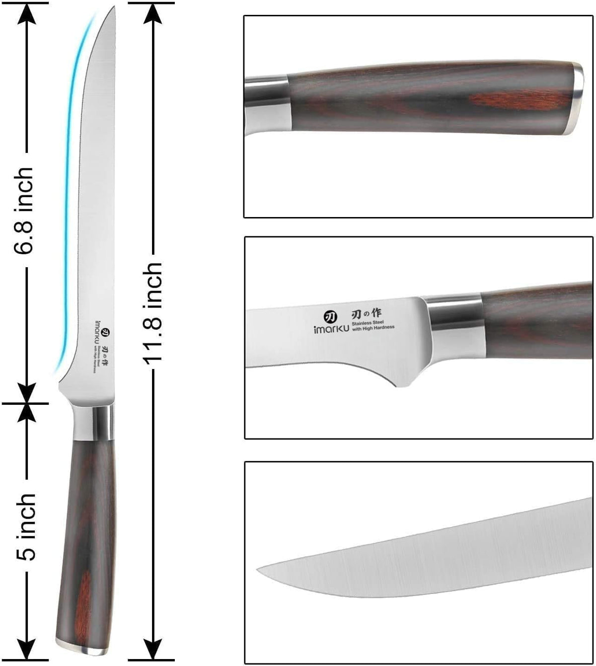 Imarku boning knife with ergonomic pakkawood handle for comfortable grip.