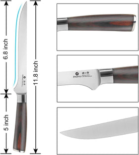 Imarku boning knife with ergonomic pakkawood handle for comfortable grip.