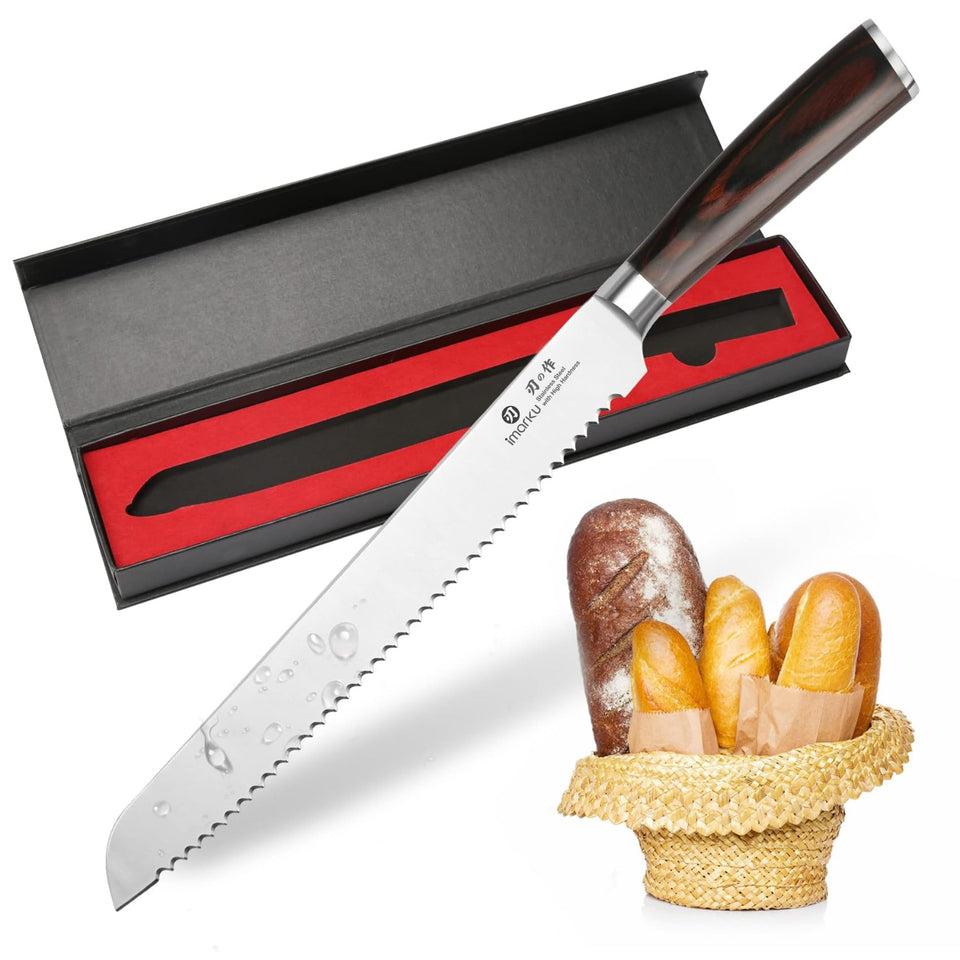 imarku bread knife 10-inch blade close-up shows sharp serration for precise slices