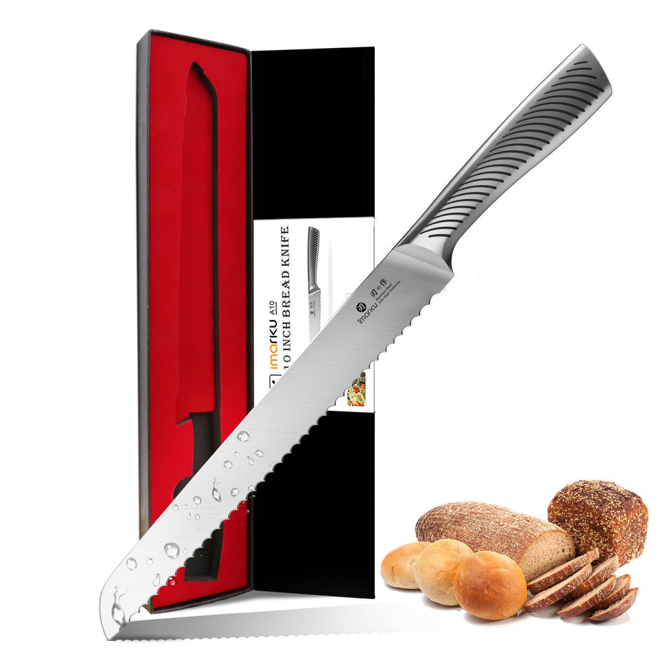 imarku bread knife 10inch blade closeup shows sharp serrations for clean bread slices