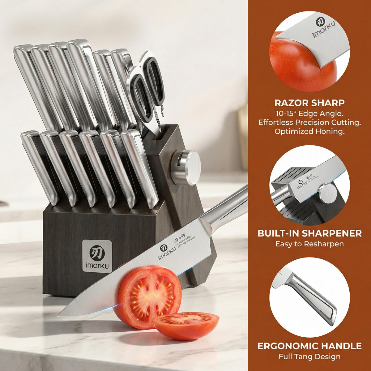 Imarku bread knife 8-inch blade cleanly slices crusts and soft interiors.