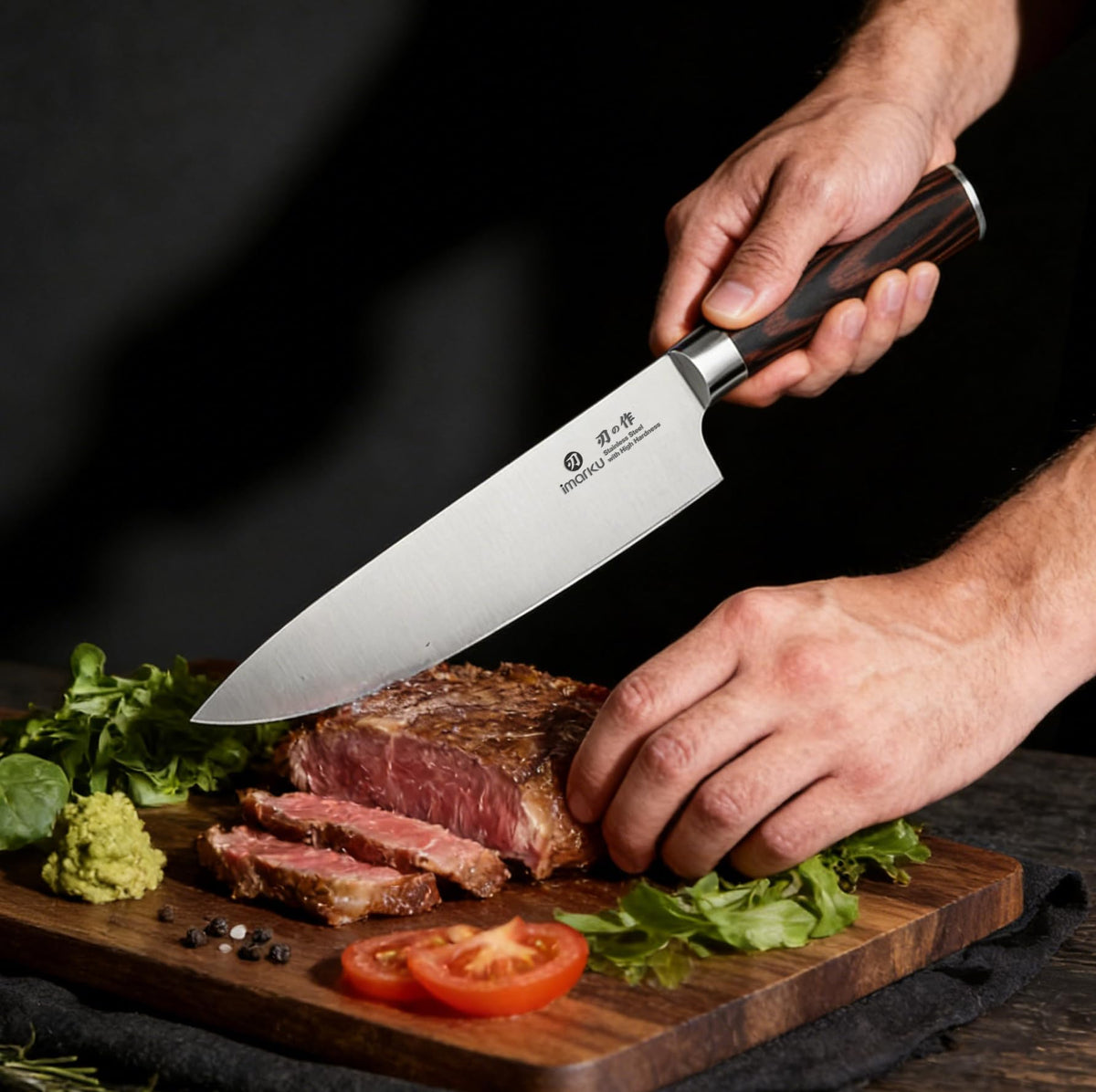 Imarku 8-inch chef knife blade close-up highlighting ultra sharp edge for slicing