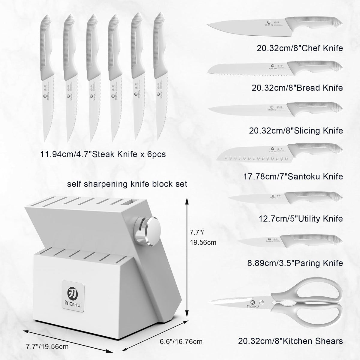 full 14-piece knife set arranged in a wood block for kitchen prep