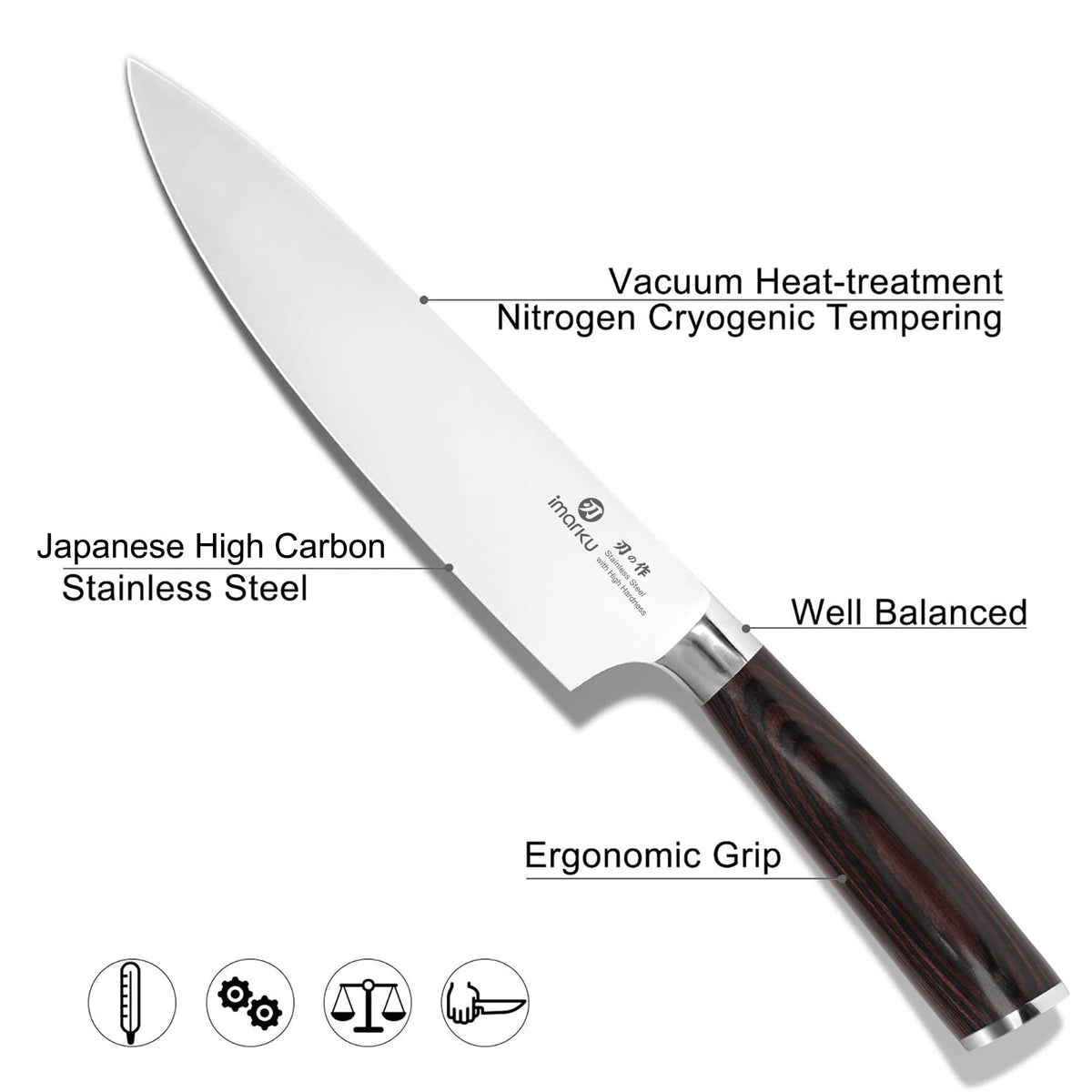 Imarku full-tang design provides stability during extended prep.