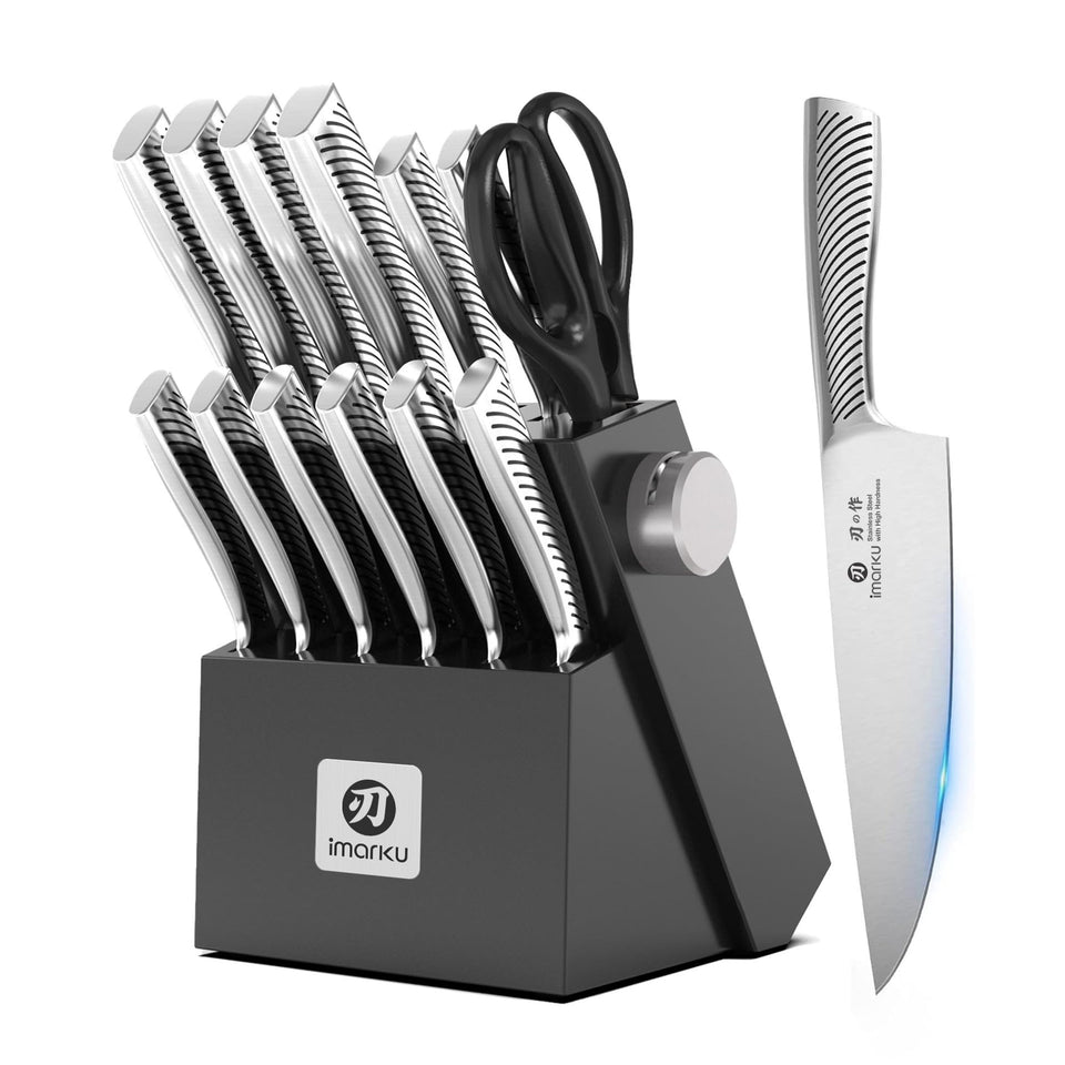 imarku knife block set with block and knives for organized kitchen storage.