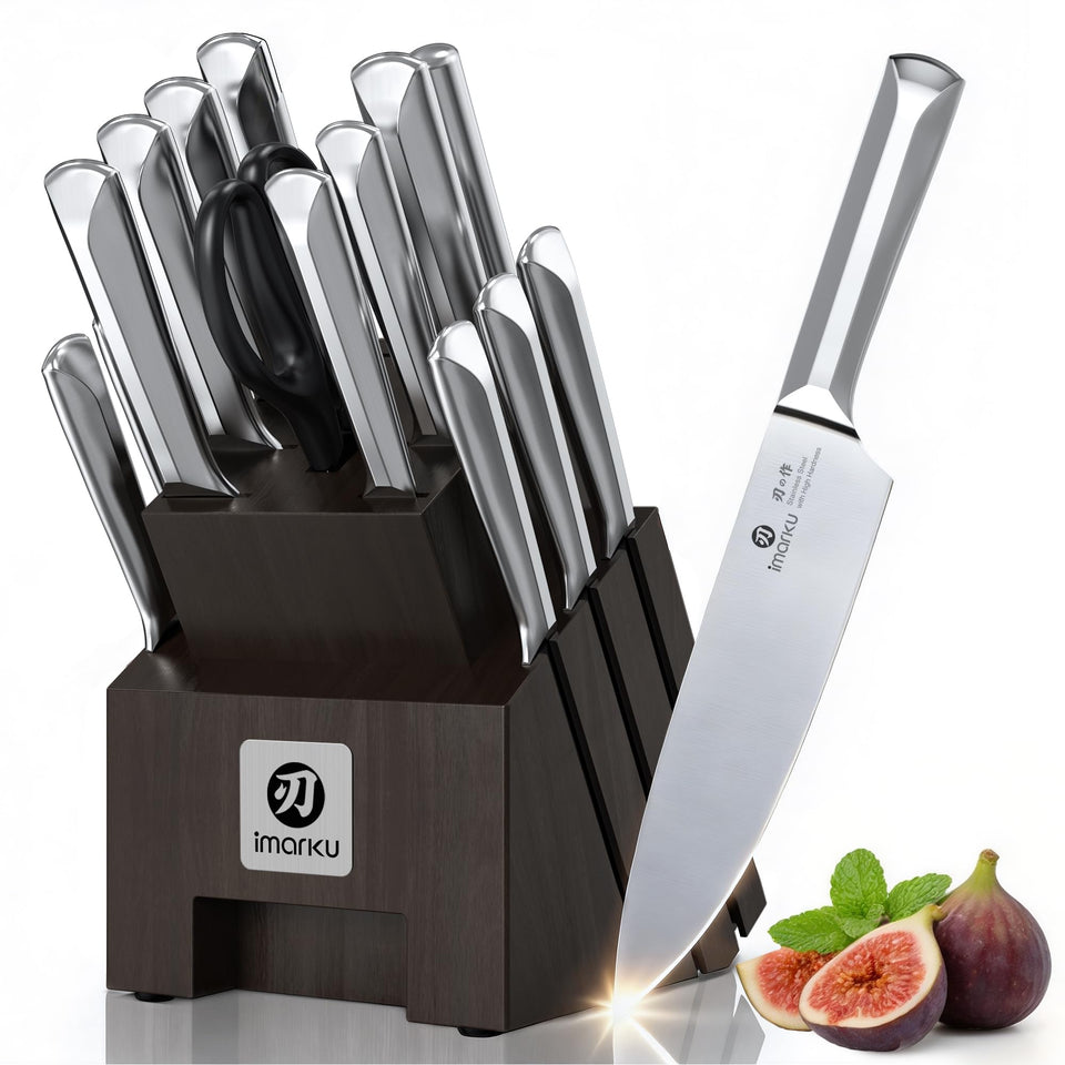 Imarku knife set neatly arranged in the wooden block, showcasing organized storage.