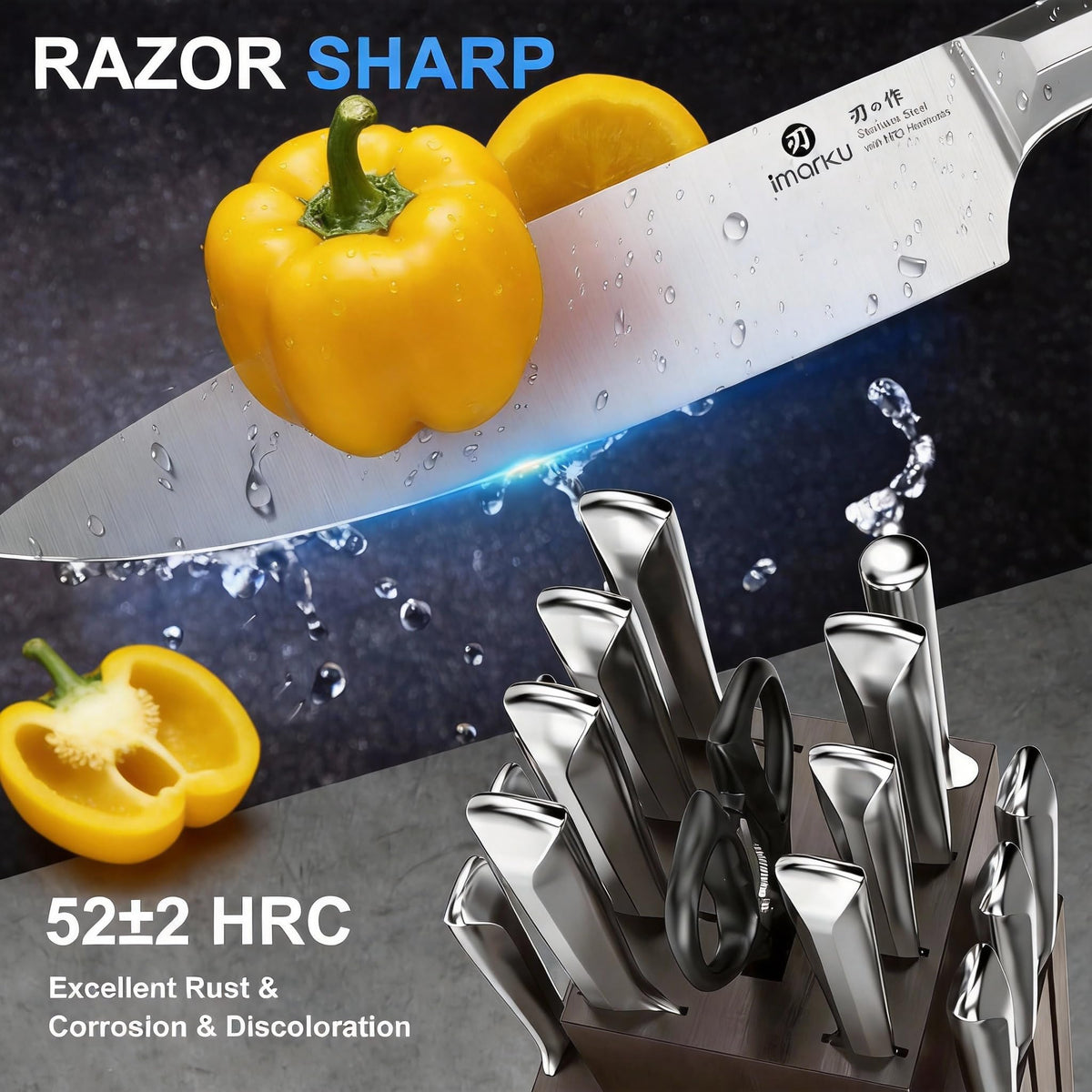 Imarku 8-inch chef knife close-up highlights razor-sharp edge for precise slicing.