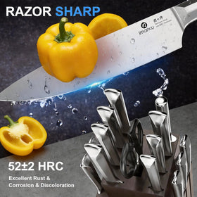 Imarku 8-inch chef knife close-up highlights razor-sharp edge for precise slicing.