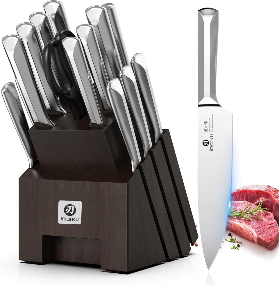 Imarku knife set in block with sharpener for organized, quick access.