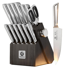 Imarku knife set block with built-in sharpener for quick edge touch-ups.