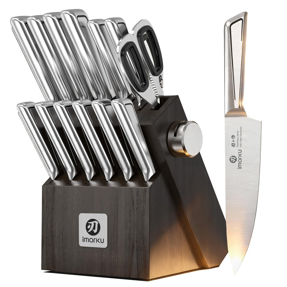 Imarku knife set block with built-in sharpener for quick edge touch-ups.
