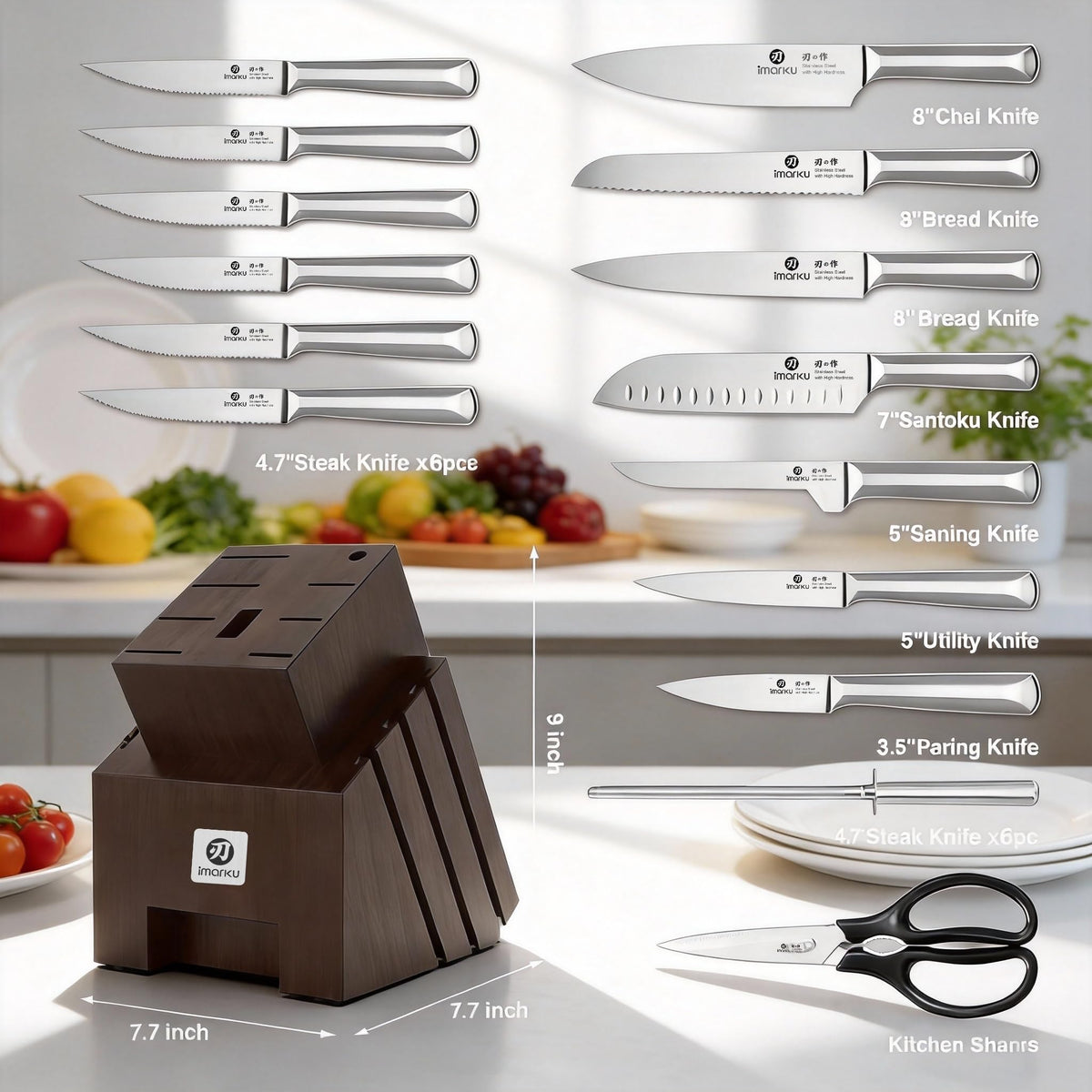 Imarku knife sharpener and kitchen scissors included for easy edge maintenance.