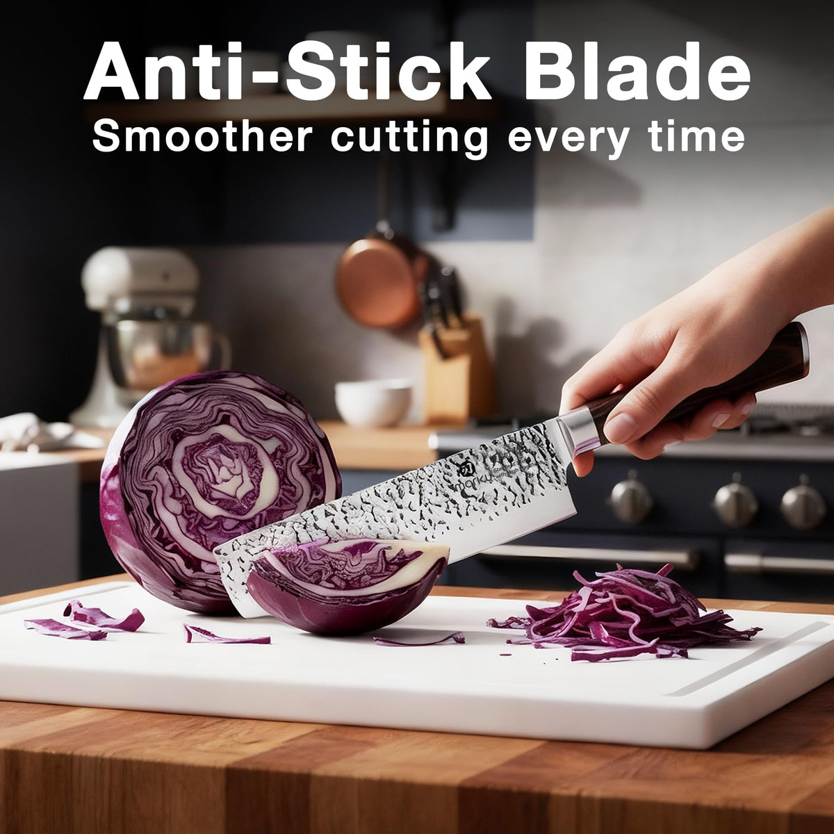 Imarku Nakiri Knife in action shows versatile vegetable slicing in the kitchen.