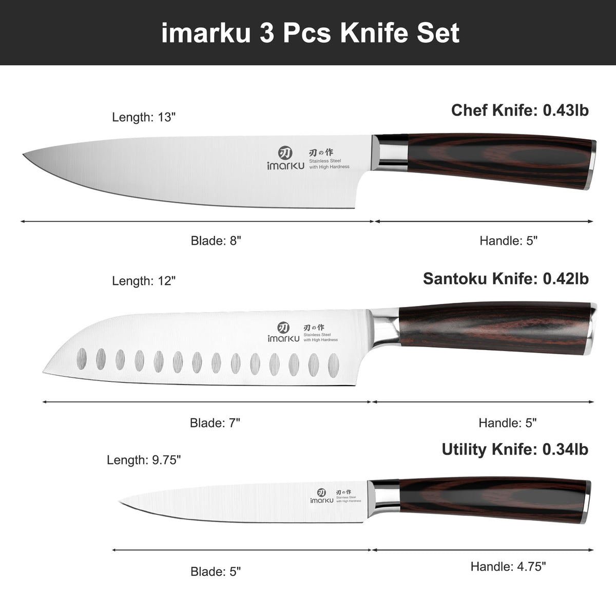 Imarku knife with ergonomic pakkawood handle for balanced control.