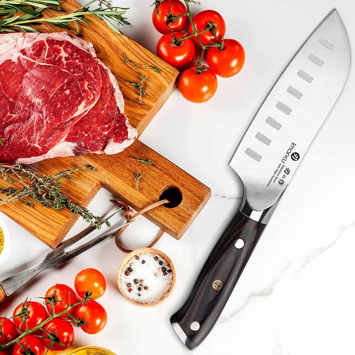 Imarku Santoku blade anti-stick finish reduces food cling during cutting