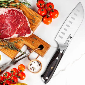 Imarku Santoku blade anti-stick finish reduces food cling during cutting