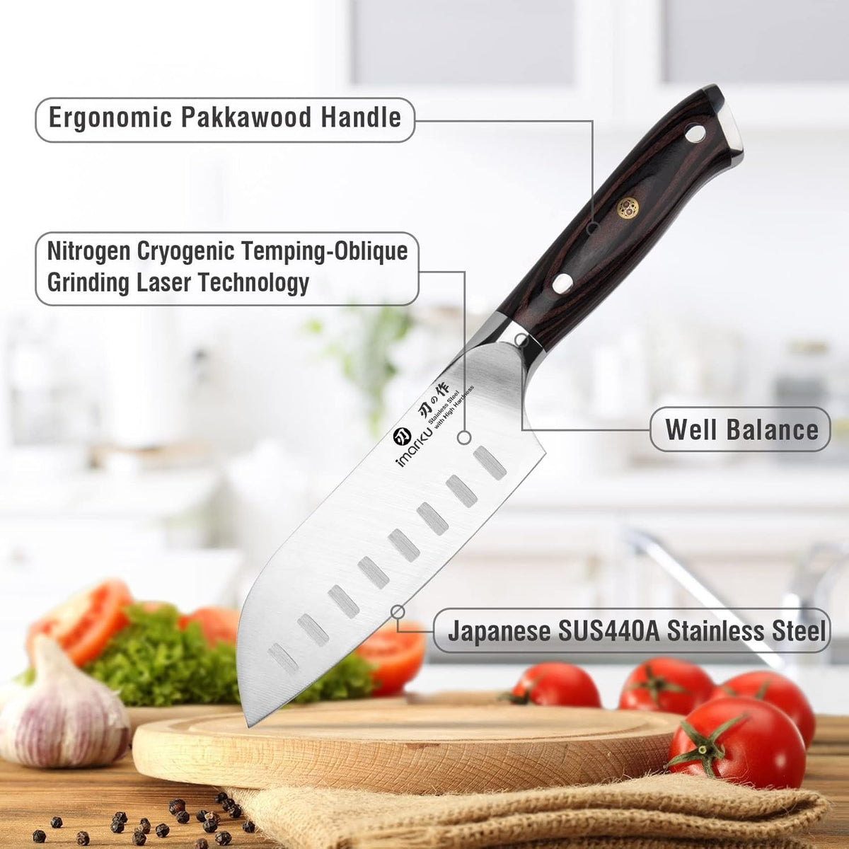 Imarku Santoku using rust resistant steel for long lasting performance