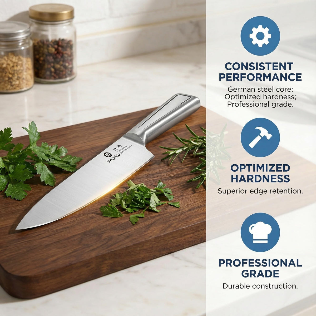 Imarku Santoku 7-inch blade excels at chopping, dicing, and mincing.