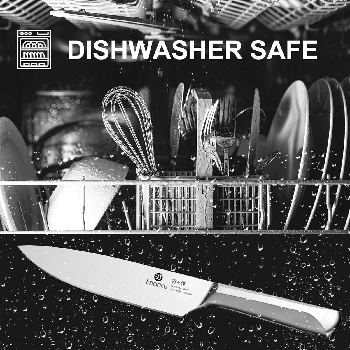 Imarku Santoku knife close-up showing balanced edge and grip.