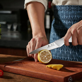 close-up of the wood block with built-in sharpener for quick edge refresh