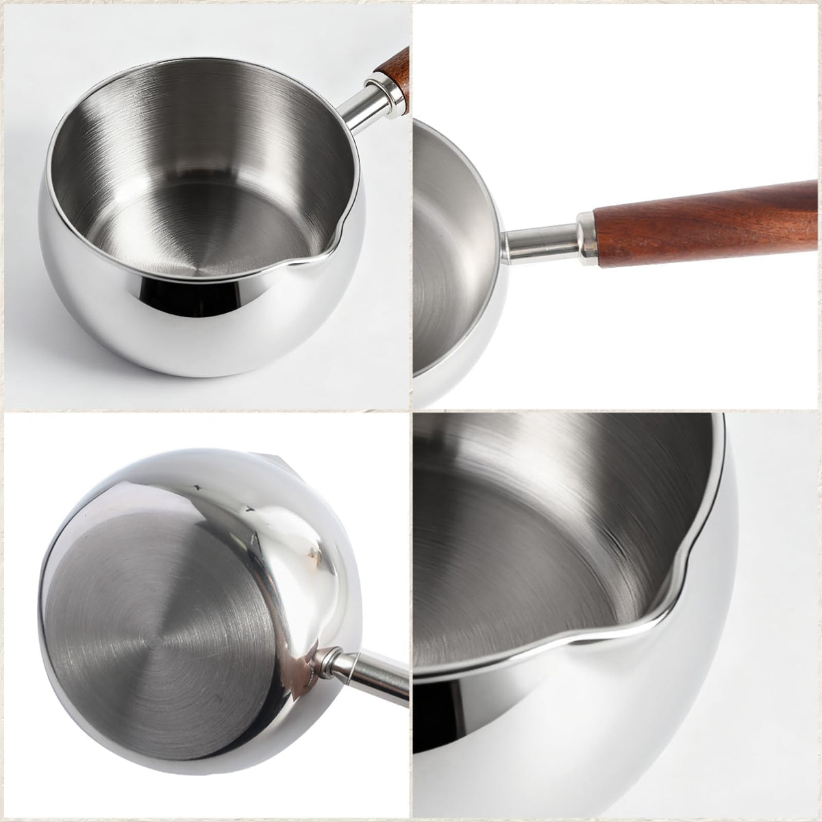 Built-in pour spout on IMEEA pot for clean pouring of melted butter or sauces