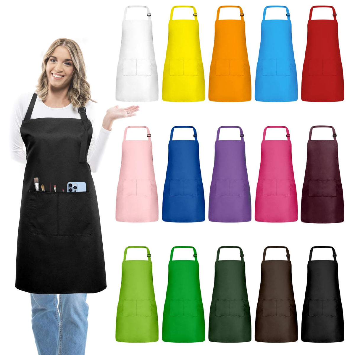 IMERAGO 15 Pcs Aprons Bulk with Pockets in bright colors ideal for cooking and crafts.