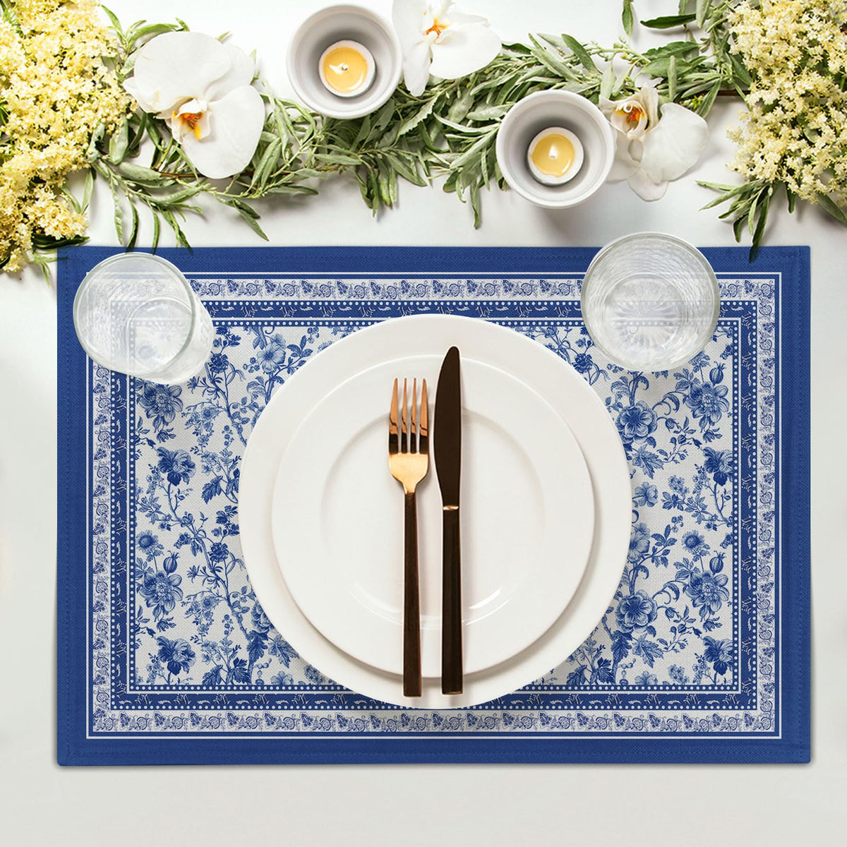 Imiss linen placemats with blue floral branches feature textured linen feel
