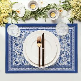 Imiss linen placemats with blue floral branches feature textured linen feel