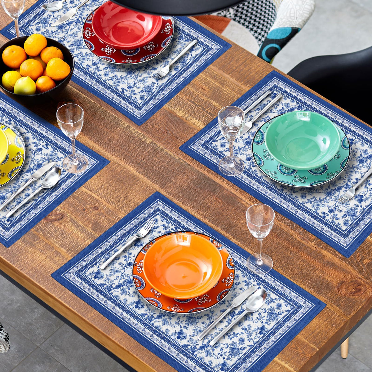 Imiss Blue Floral Branches placemats coordinate with cups and centerpieces