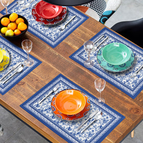 Imiss Blue Floral Branches placemats coordinate with cups and centerpieces