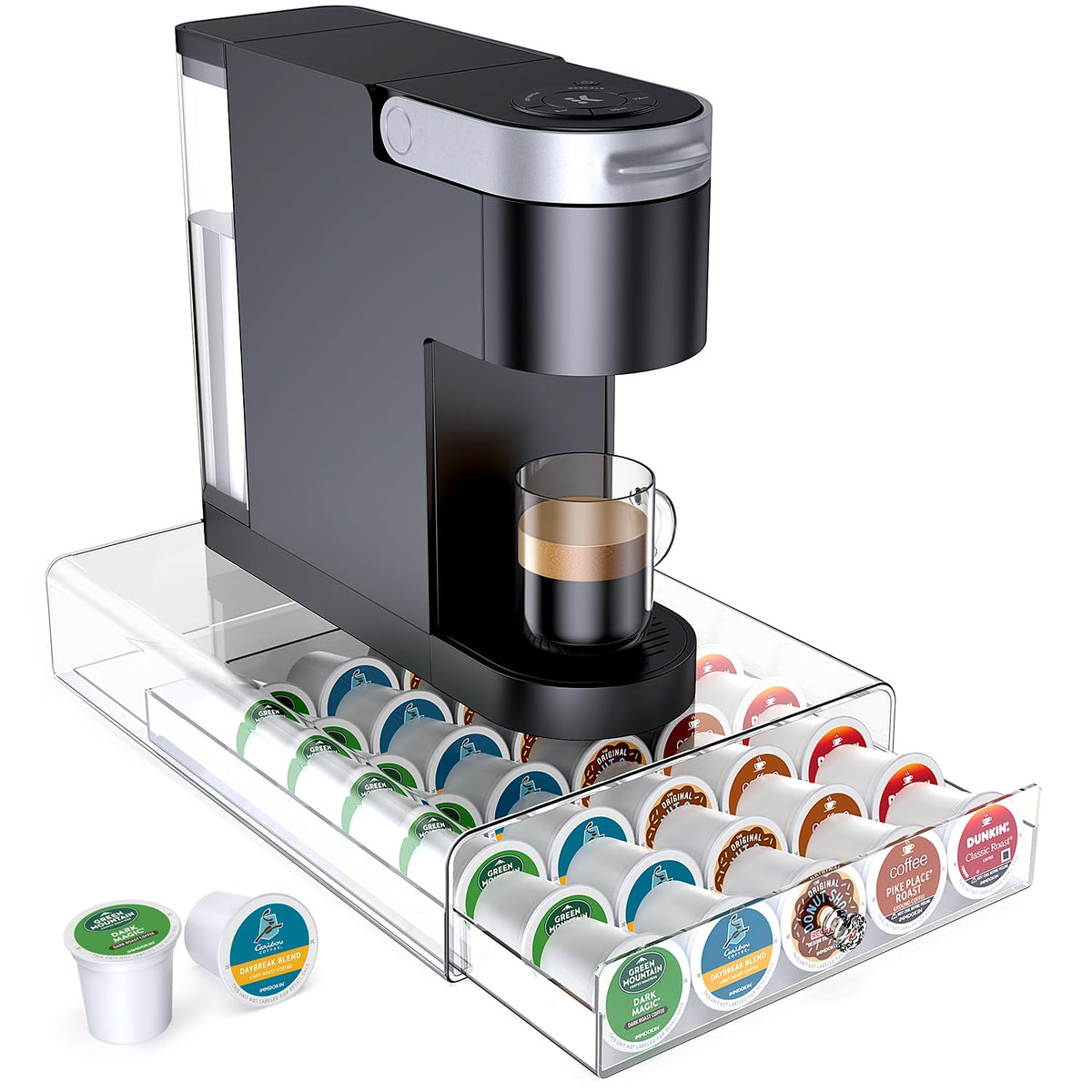 iMMDOKIN crystal-clear K-Cup drawer under brewer keeps pods organized and accessible.